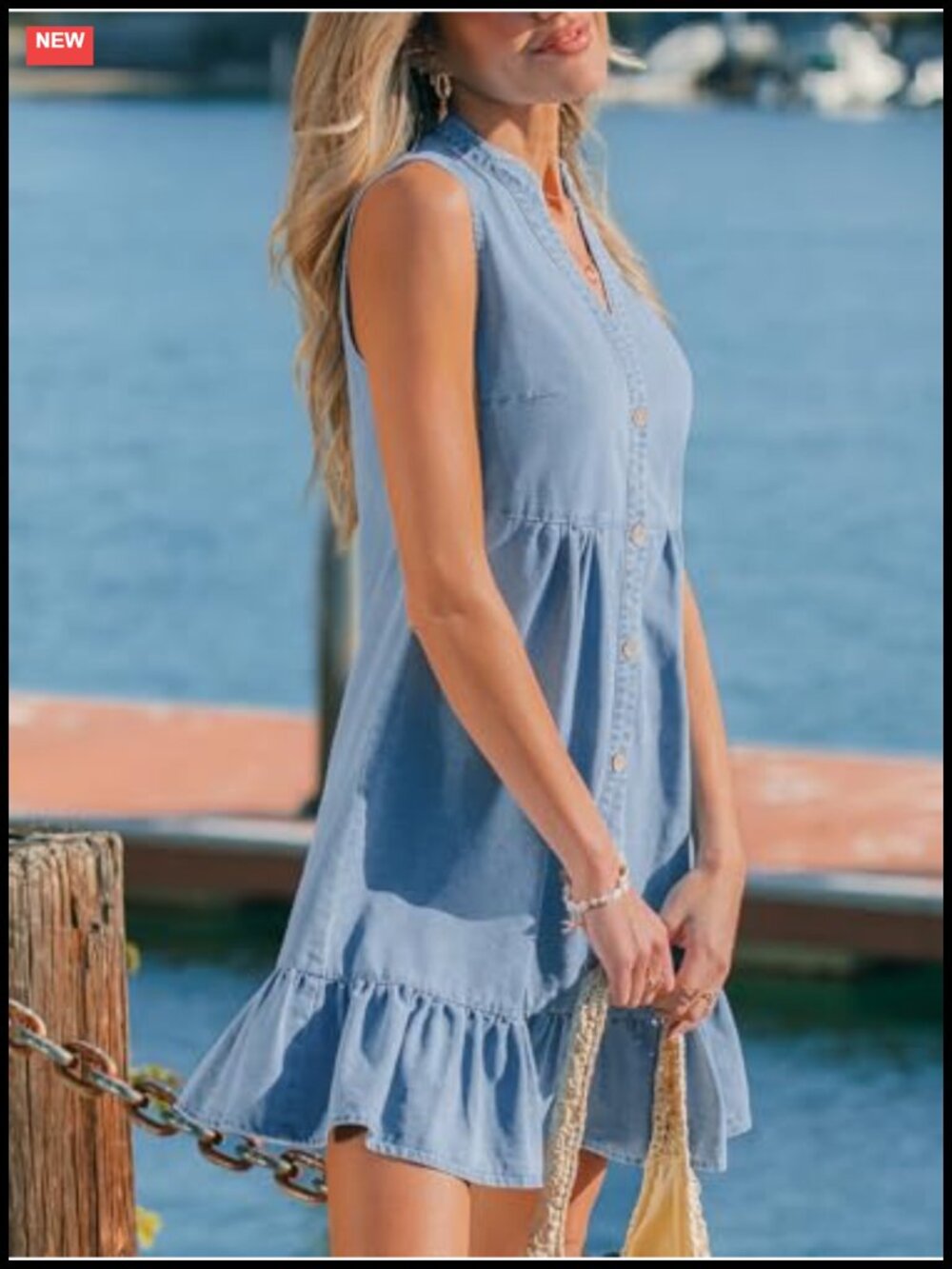 Sleeveless Denim Mini Dress Notched V Neck Front Button Ruffle Hem Summer Casual - Picture 2 of 6